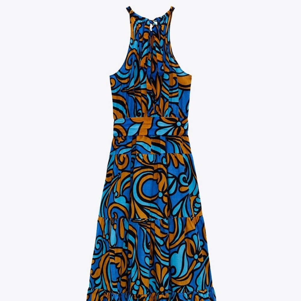 Zara Blue Printed Halter Maxi Dress; no belt or bag; - size L